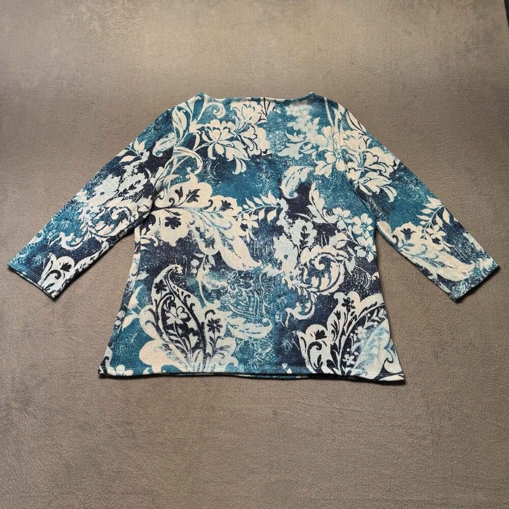 Chicos Womens 1 US M Floral Top Blue Metallic Stretch 3/4 Sleeve Knit Boho EUC - Picture 2 of 7